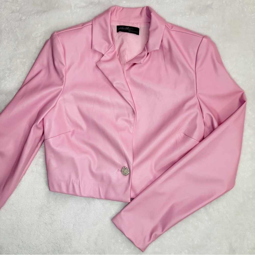 Ontwetth Women’s Cropped Pink Faux Leather Blazer Jacket - Size S